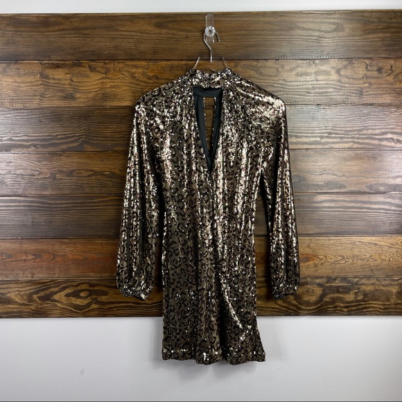 Milly Emily Leopard Sequin Mock-Neck Blouson-Sleeve Shift Dress New Size 0 - Picture 4 of 7